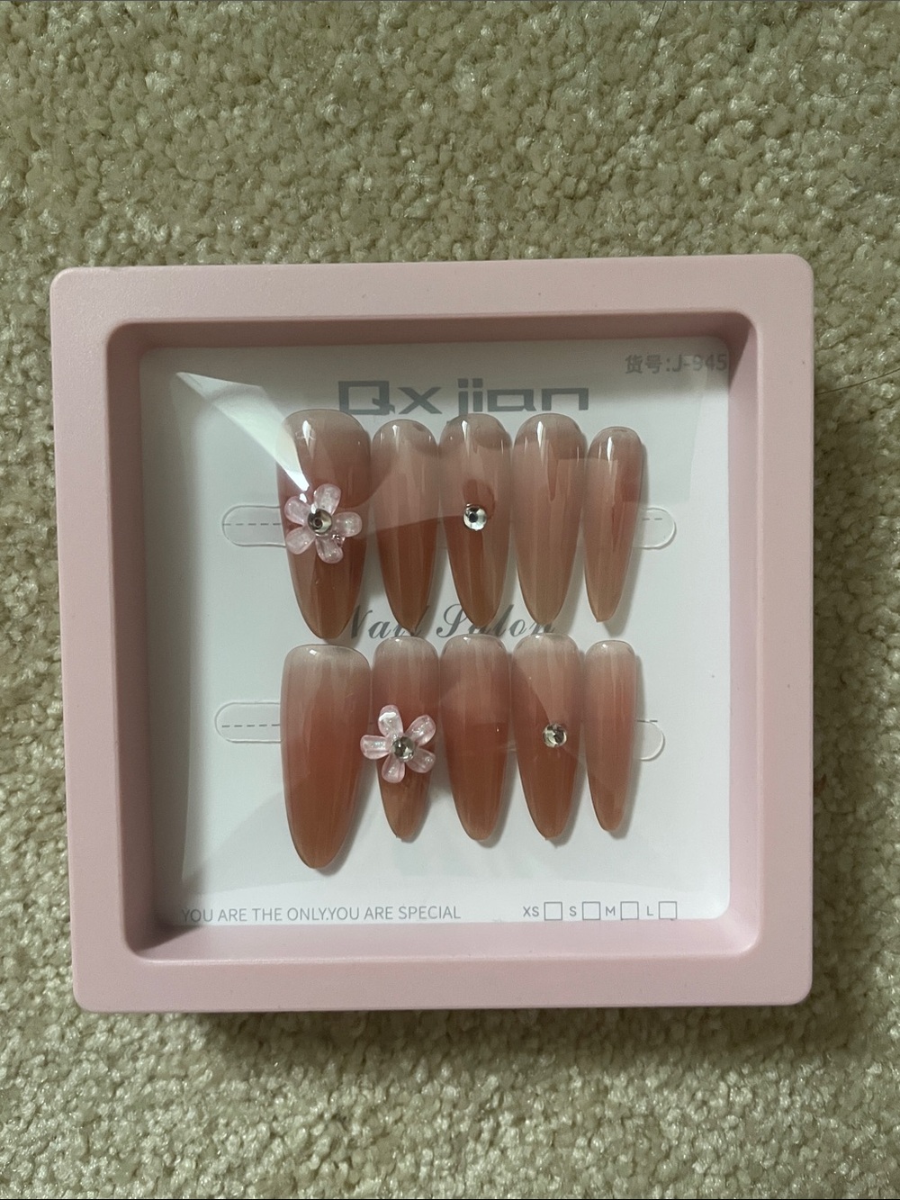 Pink Ombré Press-On Almond Nails with Floral Rhinestone Accent